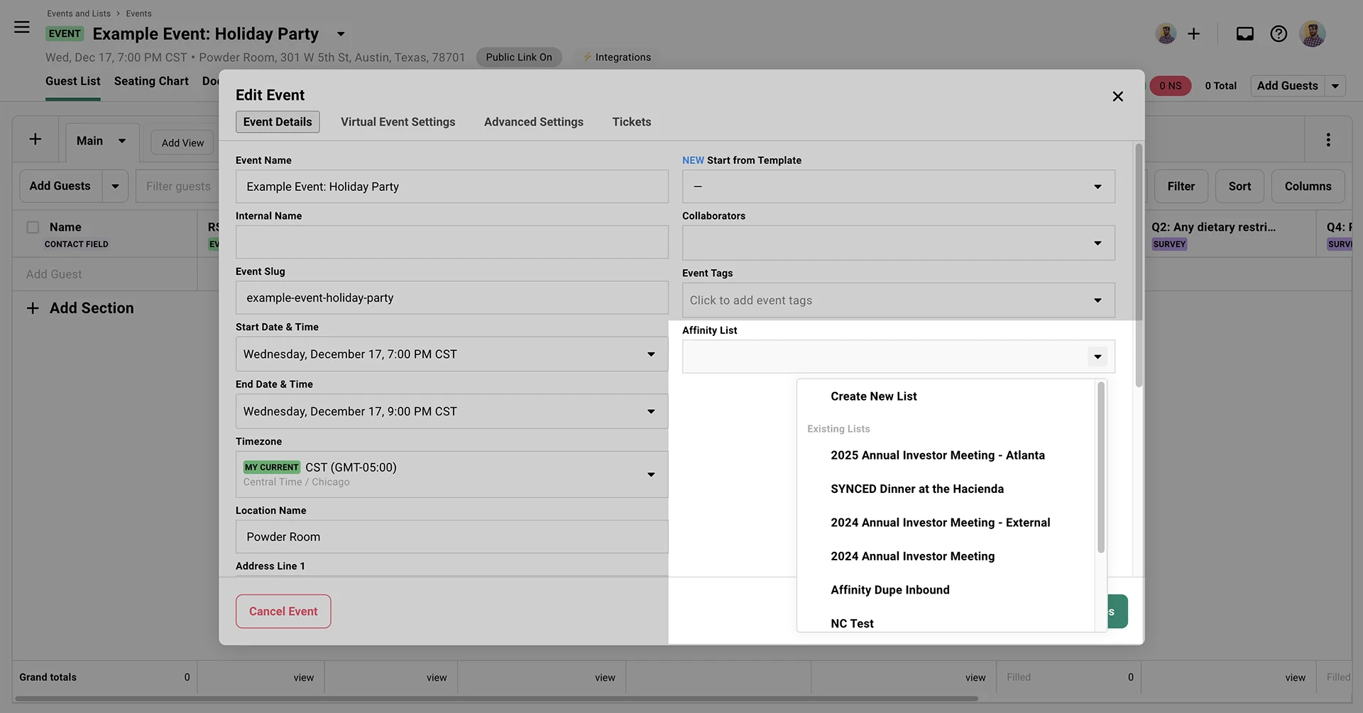 Gatsby event settings showing Affinity list dropdown selector